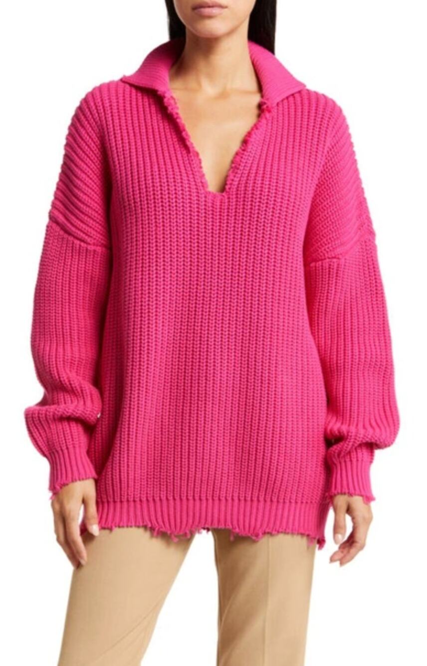 Simon Miller Kree Sweater Funky Fuchsia Distressed Cotton Knit Sweater S